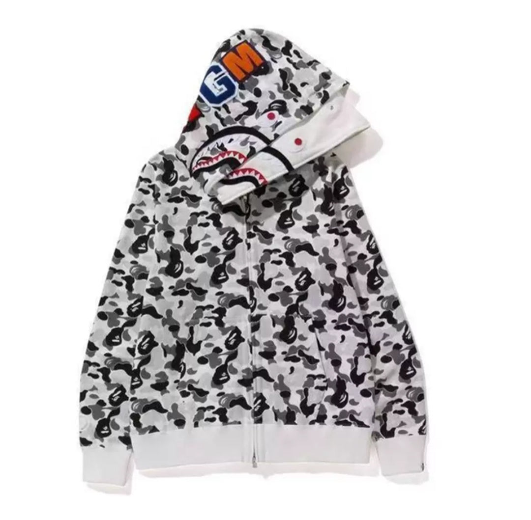 A Bathing Ape Men ABC Camo Double Shark Full Zip Hoodie gray