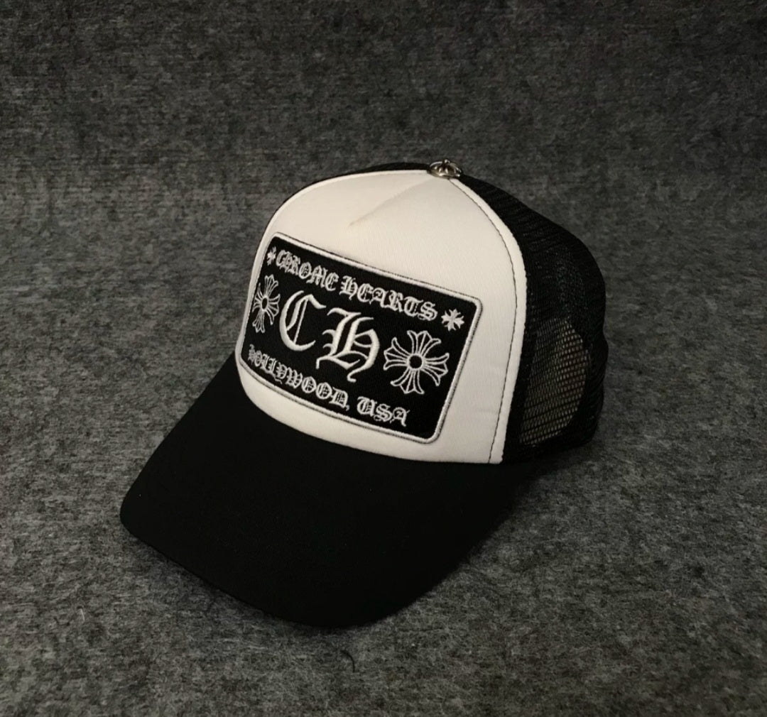 Chrome Hearts CH Hollywood Trucker Hat Black White