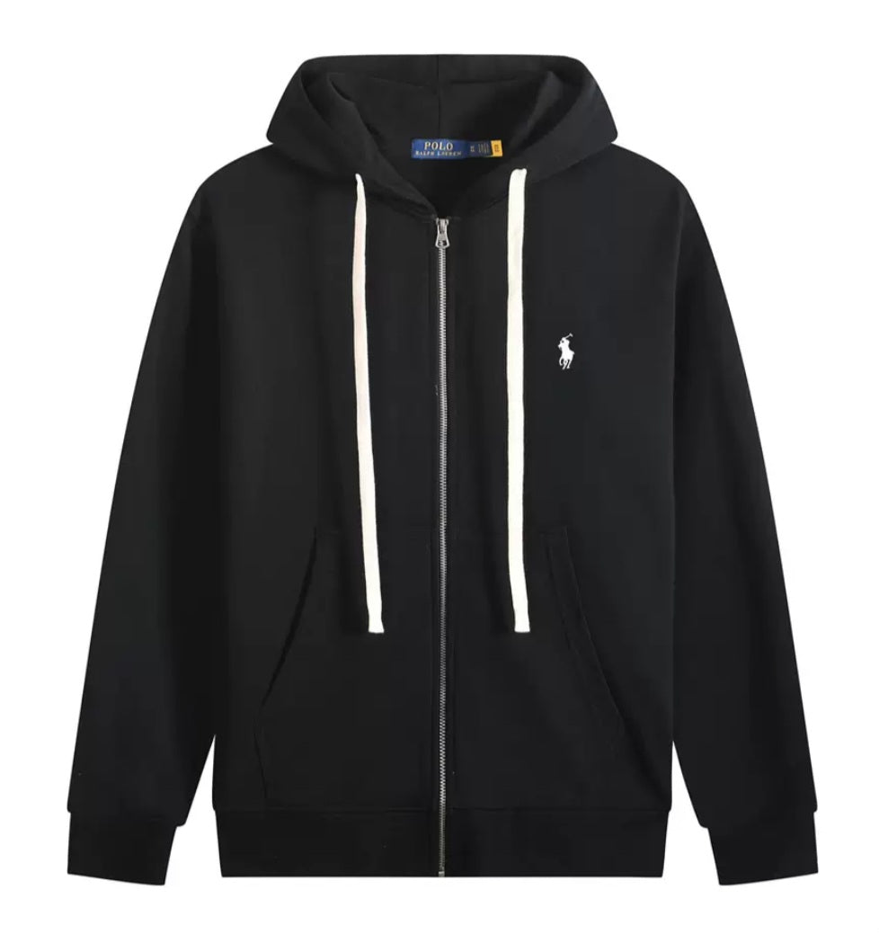 Polo Ralph Lauren Heather Black Fleece Full Zip-Up Hoodie White logo