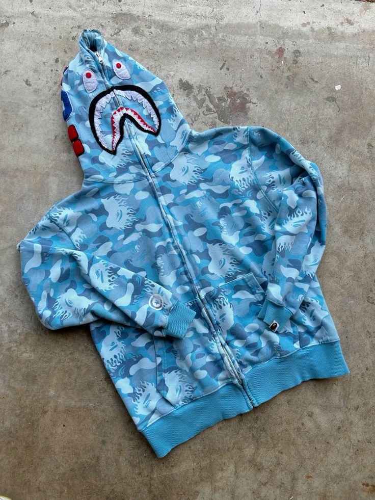BAPE Blue fire Camo Shark full Zip Hoodie