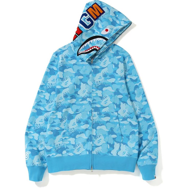 BAPE Blue fire Camo Shark full Zip Hoodie
