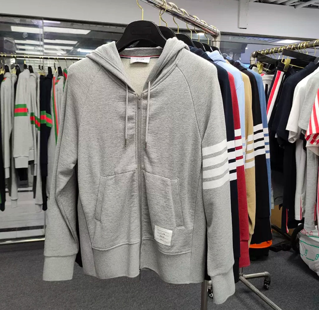 Thom Browne Engineered 4-Bar Zip Hoodie Light Grey
