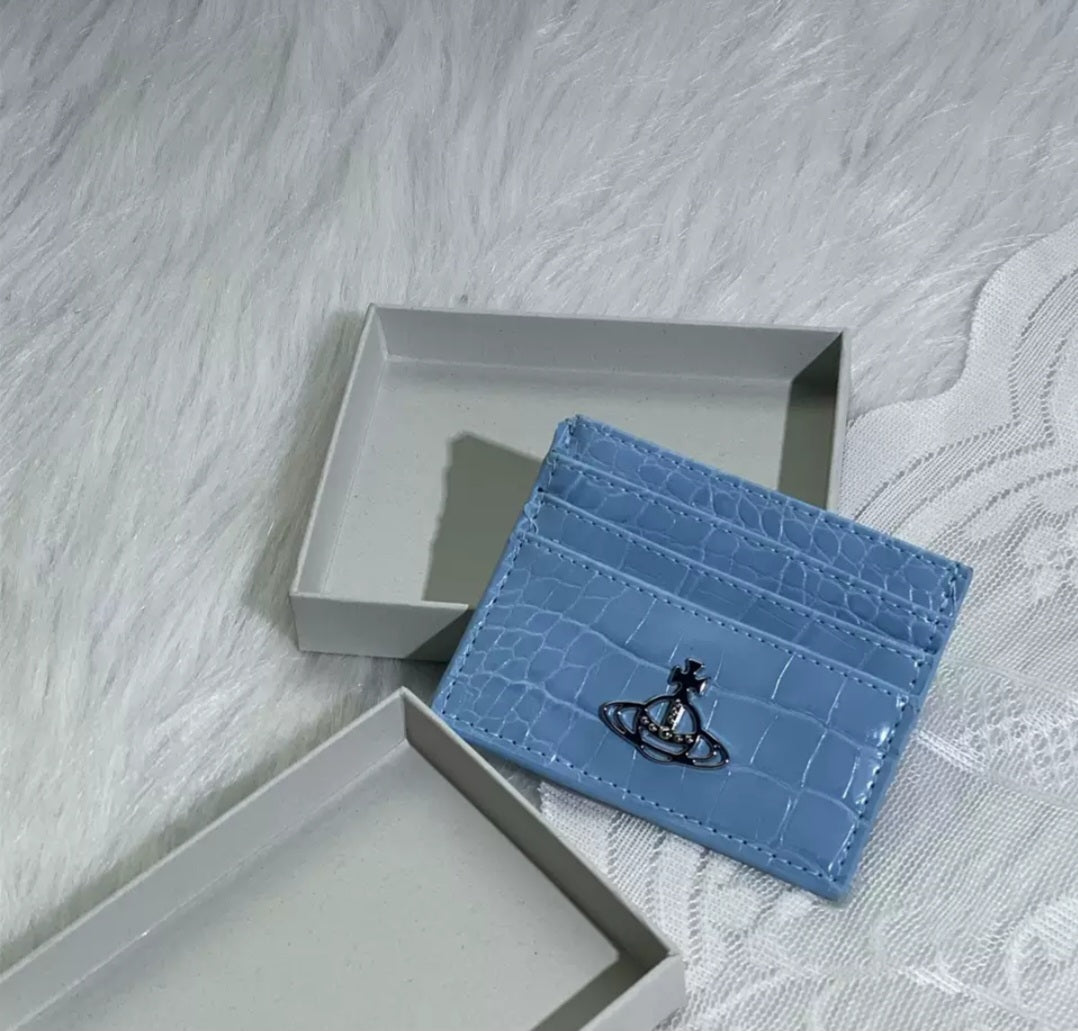 Vivienne Westwood blue crocodile-embossed leather card holder featuring a silver logo